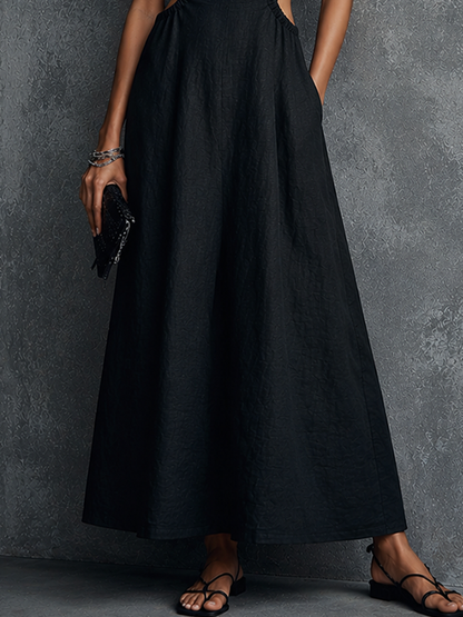 Women's Fashion Black Cotton Linen Halter Neck Hollow-Out Waist Fitted Back Tie Long Dress MDZ1713F6GMJ