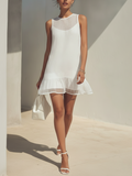 Women's Minimalist White Sleeveless Mini Dress With Sheer Mesh Neckline & Ruffled Hem MDZ2292F8ZRK