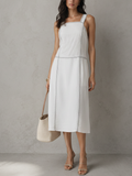 Women's Minimal Commuter Style Pure White Linen-Cotton Contrast Stitch Square Straight Midi Dress MDZ2384F9GMJ