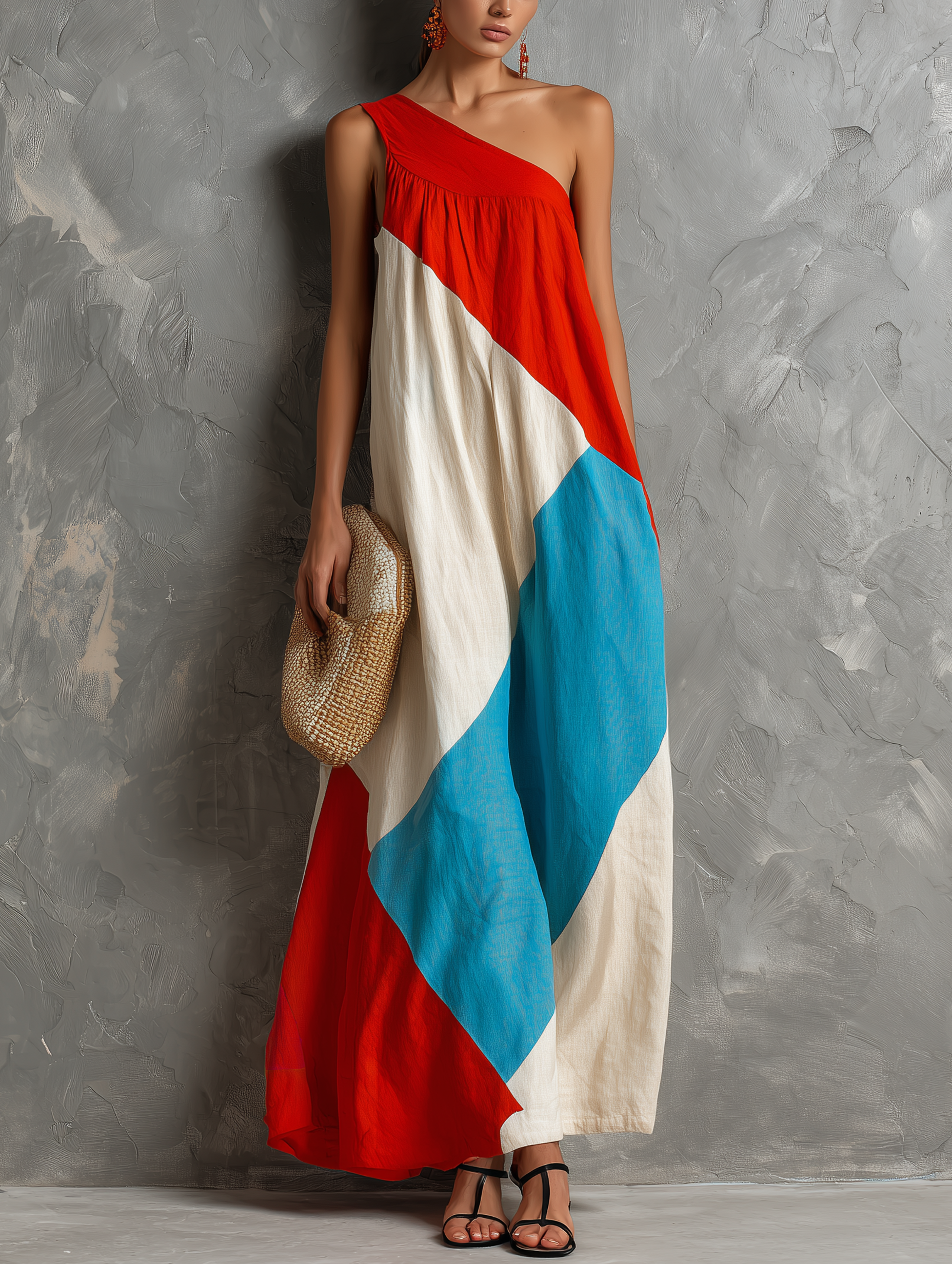 Women's Casual Red, White, And Blue Color-Block Cotton-Linen One-Shoulder Sleeveless Maxi Dress MDZ2474F7LXY