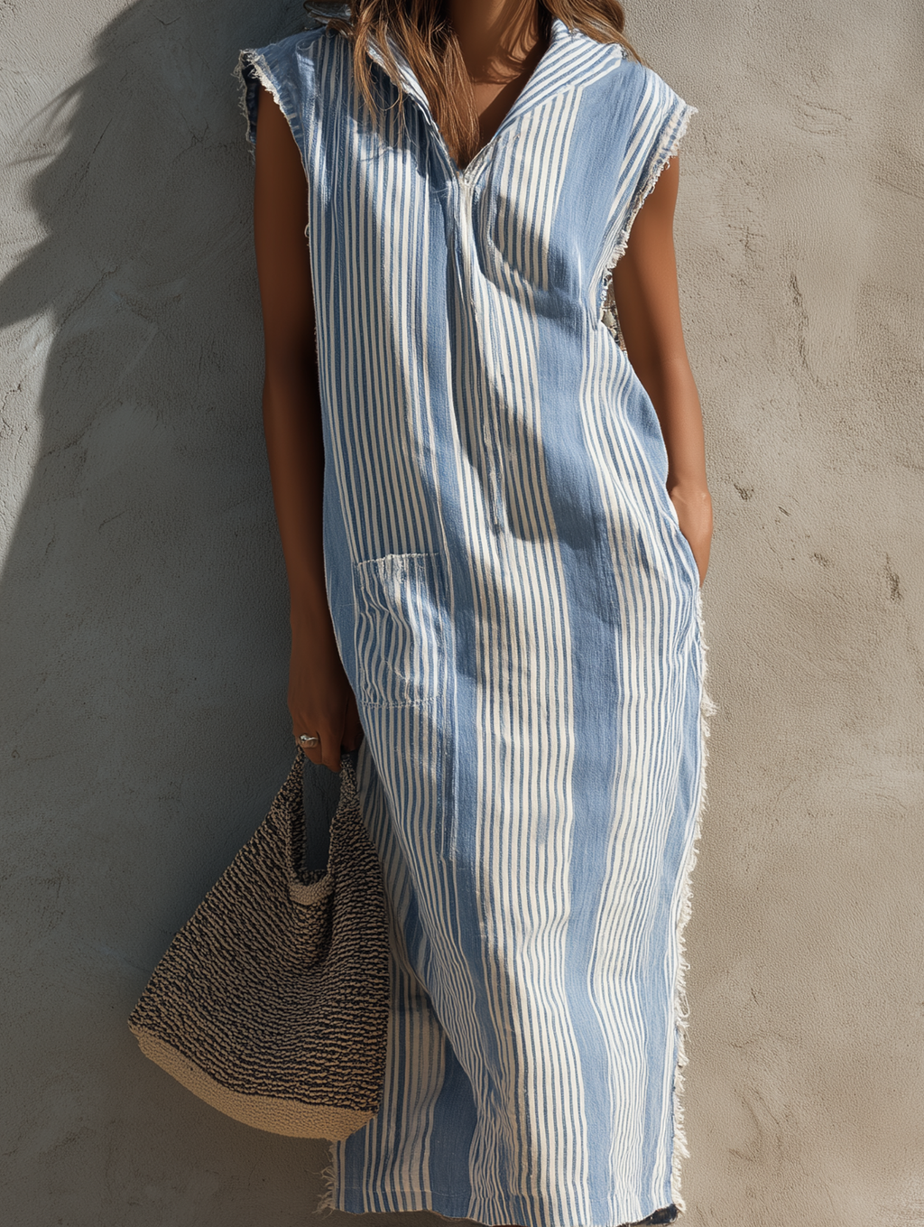 Women's Casual Blue And White Striped Woven Sleeveless Hooded Maxi Dress MDZ2585F1LXY