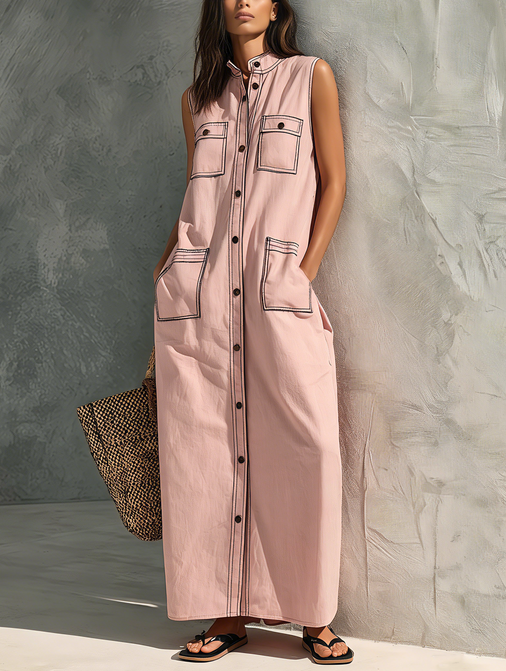 Women's Casual Pink Woven Sleeveless Maxi Dress MDZ2631F2LXY