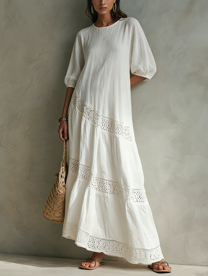 Women's Casual White Woven Midi Dress With A Round Neck And Mid-length Sleeves MDZ2601F8LXY