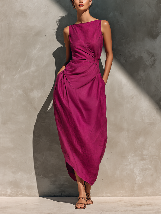 Women’s Fuchsia Linen Sleeveless Boat Neck Cross Asymmetric Hem Midi Dress With Side Pockets MDZ2967F5T