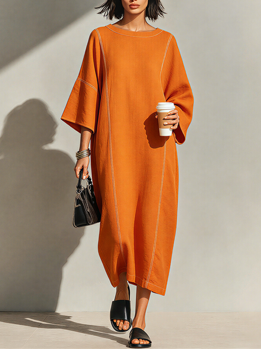Women's Burnt Orange Linen Blend Maxi Dress With Contrast White Topstitch Seams & Dolman Three Quarter Sleeves, Minimalist Loose Loungewear Maxi Dress MDZ3035F1LYL