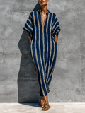 Women’s Navy White Vertical Stripe Linen Stand Collar Gold Half Zip Cuffed Batwing Sleeve Loose Midi Kaftan Dress With Side Pockets MDZ3034F9T