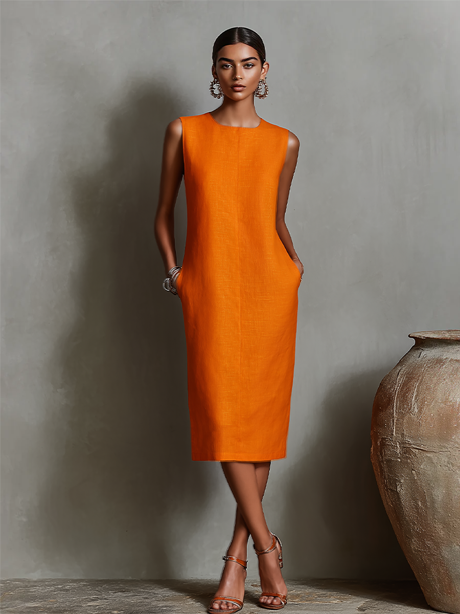 Women's Orange Linen Shift Dress With Sleeveless Round Neck & Side Pockets, Timeless Minimalist-Elegant Style Dress MDZ2851C7I