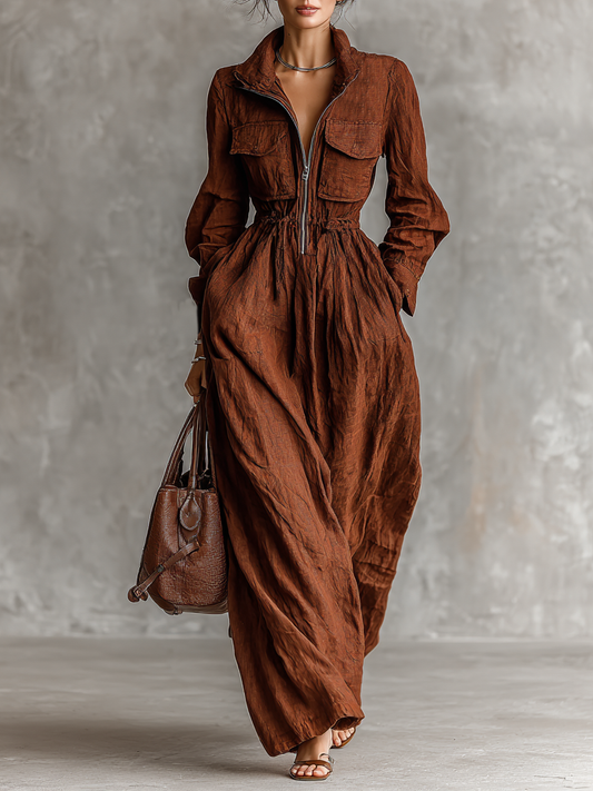 Women's Cotton And Linen Zipper Lapel Elastic Waist Maxi Dress MDA1964H8Y