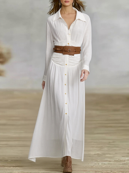 Women's Imitation Cotton And Linen Pleated Lapel Single-breasted Long-sleeved Maxi Dress MDA1768I7Y