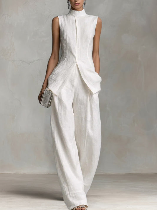 Linen-Look Sleeveless Mock Neck Vest & Wide-Leg Pants Set
